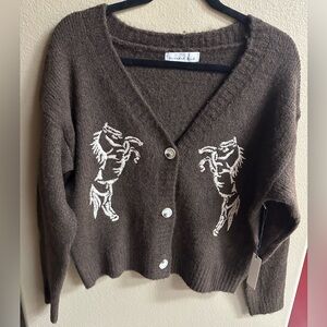 Western Brown Knit Horse Cardigan – White Embroidery